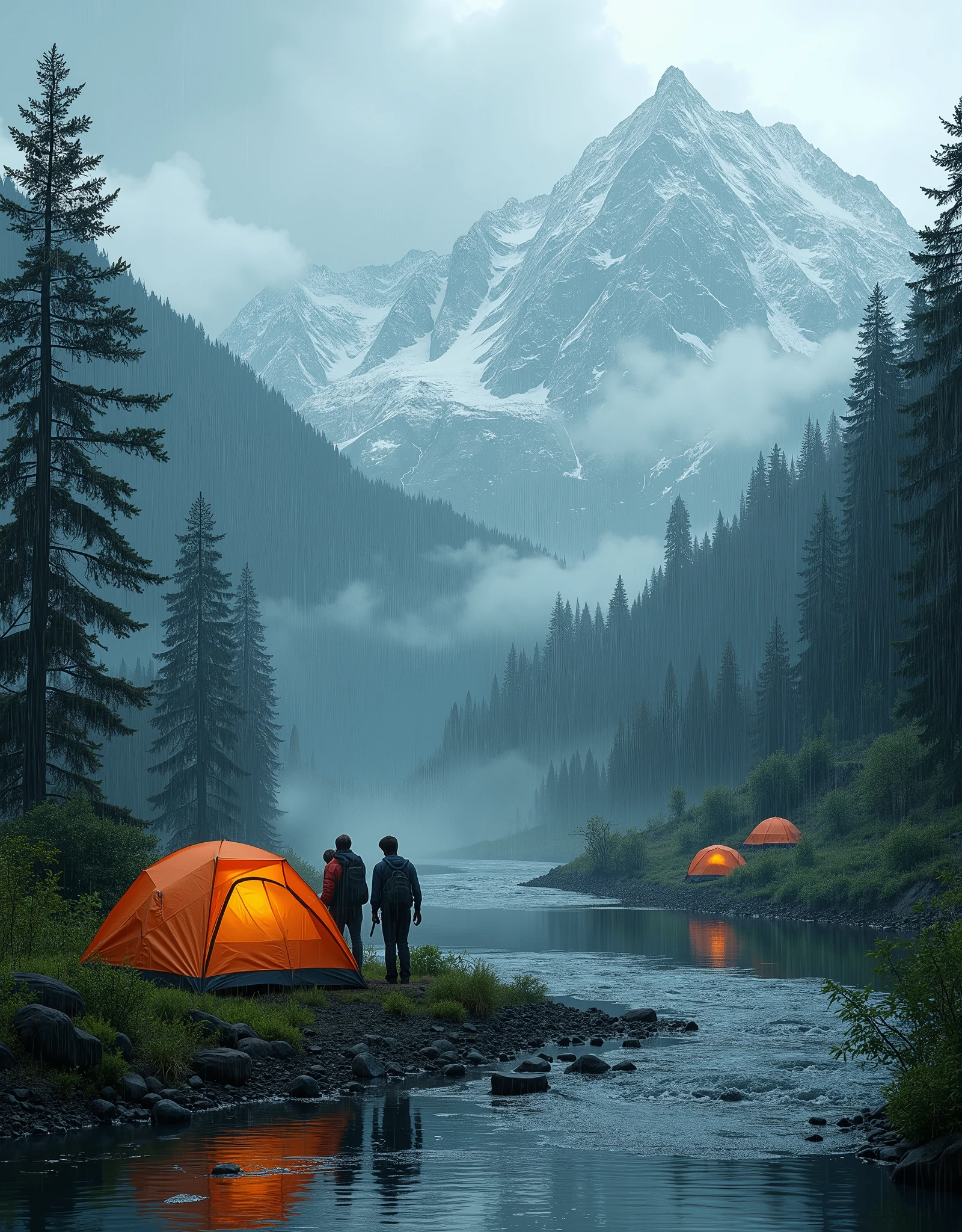 Camping in places with rivers and mountains on rainy days