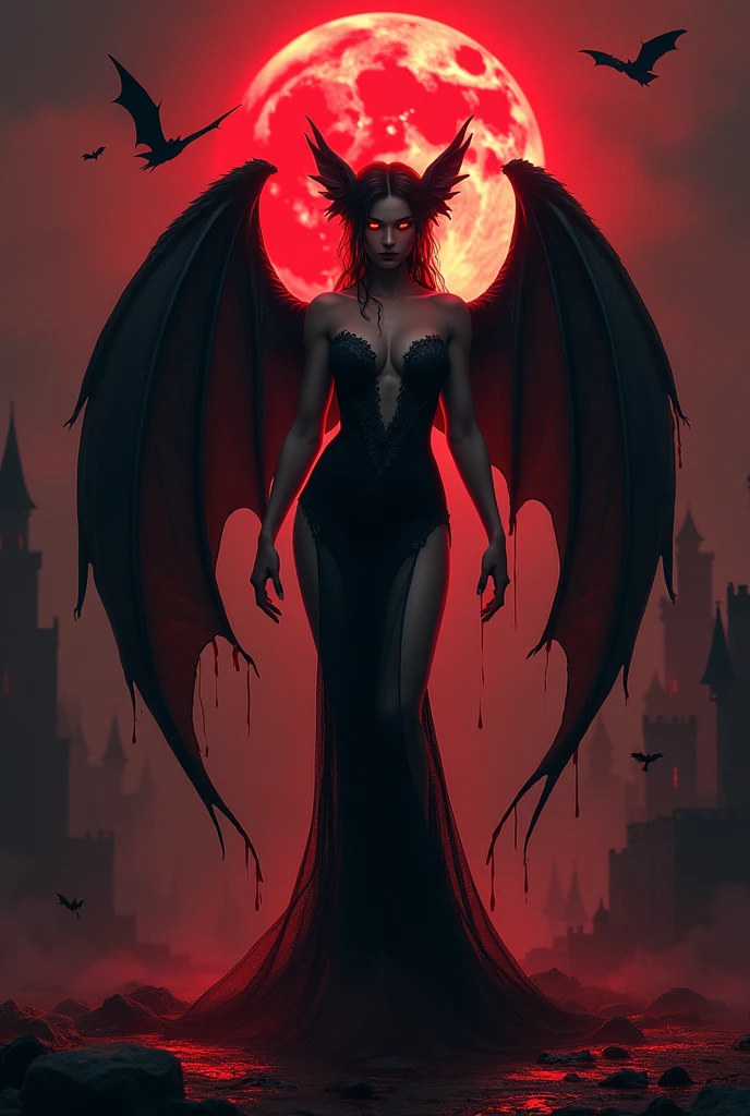 The image portrays a dark and mesmerizing scene, where a tall, seductive, and mature figure stands as the central focus. The illustration, created with the utmost care and attention to detail, captures the essence of a hauntingly beautiful vampire. Rendered in an astounding 8k resolution, every intricate detail comes to life, immersing the viewer in a world of dark enchantment.
The figure's body exudes an alluring seductiveness, emphasized by the realistic and ultra-detailed rendering. The lighting and shadows, meticulously crafted, enhance the depth and realism of the image, bringing out the subtle nuances of the character's form. The high-resolution depiction captures the essence of a vampire's essence, with a touch of the supernatural and a hint of danger.
The character's bat wings unfurl majestically, evoking a sense of mystery and power, while bats gracefully fly around, adding to the magical ambiance. In the night setting, dark magical auras envelop the figure, their ethereal glow highlighting the supernatural nature of the character.
The dark theme is further amplified by the presence of a blood moon and a red sky, creating an atmosphere of foreboding. The image is set against the backdrop of a gothic-style castle, adding an additional layer of darkness and mystery.
To accentuate the vampire's allure, the image depicts shining red eyes, emanating a seductive and captivating gaze. A single blood drop adorns the character's body and eyes, symbolizing their connection to the essence of life. Blood splashes on the ground, further emphasizing the character's power and the danger they embody.
The captivating face of the character is beautifully rendered, featuring the Tyndall effect and high-detailed skin, adding a touch of realism to the image. The messy hair contorted in an alluring manner, adds to the character's captivating presence