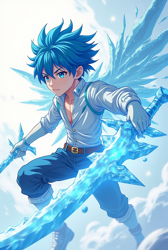 A boy with blue hair, he is an angel with half of his body made of ice, he has bright blue hair, he is an anime image, he has one of his legs and his arm covered in ice, he is in a fighting pose with an ice sword.