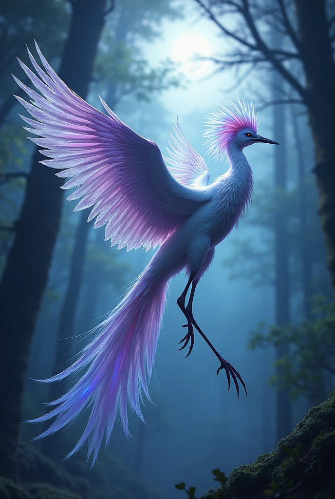 ((best quality)), ((masterpiece)), (detailed), Create a majestic mythical bird gliding through an enchanted forest. The bird should have long, elegant legs reminiscent of a crane or secretary bird, with an elongated neck. Its feathers are a shimmering blend of white, silver, purple, and blue, with an iridescent sheen that catches the moonlight. The bird's magnificent tail fans out like that of a paradise bird, with intricate patterns and vibrant colors that evoke both the night sky and twilight. It has large wings spread wide, with a soft, melodic rustling sound suggested by the surrounding forest. The bird's presence is ethereal, its long plumes and feathers trailing behind as it soars gracefully through a mystical, moonlit atmosphere.