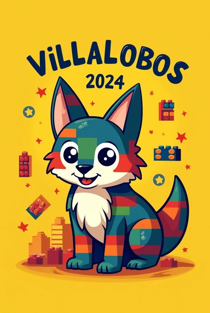 Logo for a yellow background flannel shirt containing a wolf made of legos, that the word Villalobos 2024 is on top and the background is made of Lego pieces. That it is for children.
