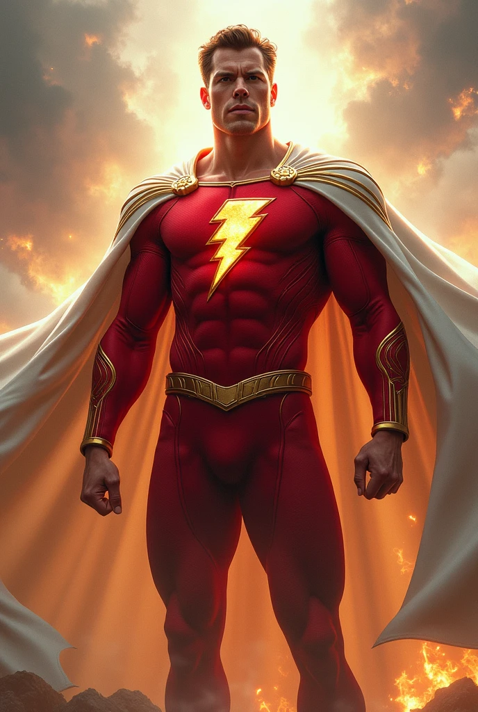 Create a hero with the red costume, the white cape with golden lines, the lightning bolt symbol on the chest and the white cape.