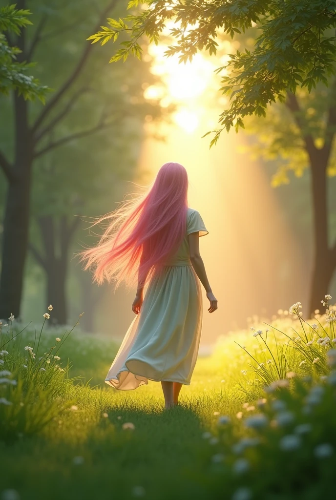 A young woman with long pink hair is walking through a serene park at dawn. The sun is rising, casting a golden glow on the dewy grass and her flowing hair. She’s wearing a soft pastel-colored dress that moves gently with the breeze. The trees around her are lush and green, with soft morning light filtering through the leaves. The style is hyper-realistic, capturing the gentle motion of her hair and the natural beauty of the scene, as if created with Blender.