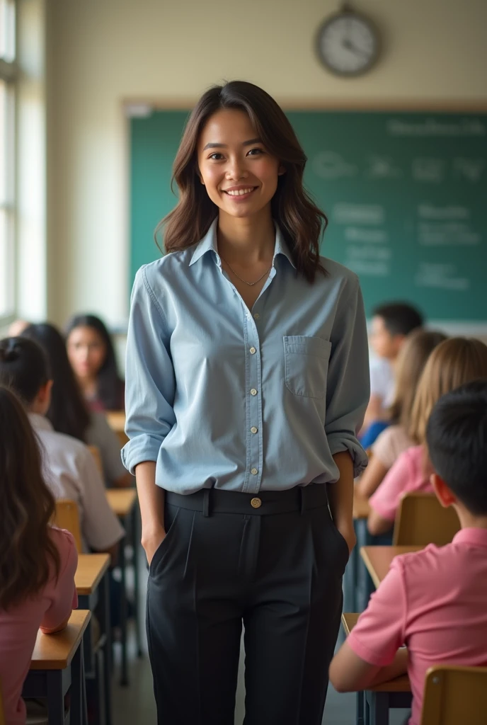 A young beautiful woman teacher is standing in her classroom during class