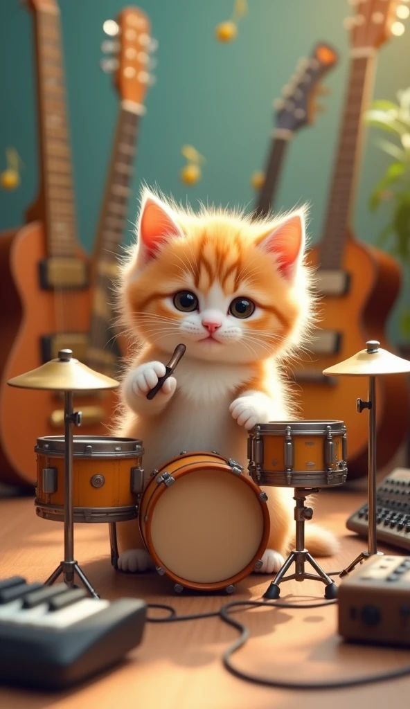 Cute miniature 'light orange and white'  kitten as musician playing drums, musical instruments as background.