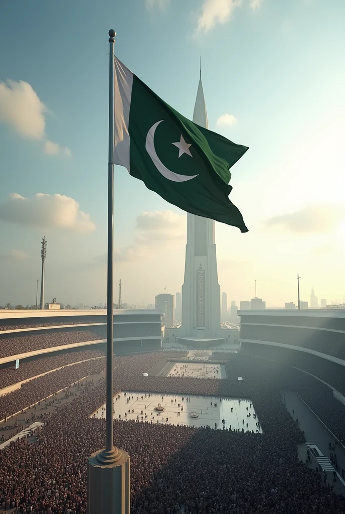 I want a big arena where people gather Minar Pakistan should be installed in this field and a flag should also be installed This flag has many stripes and one stripe is black and one is white but the flag is clear and big.