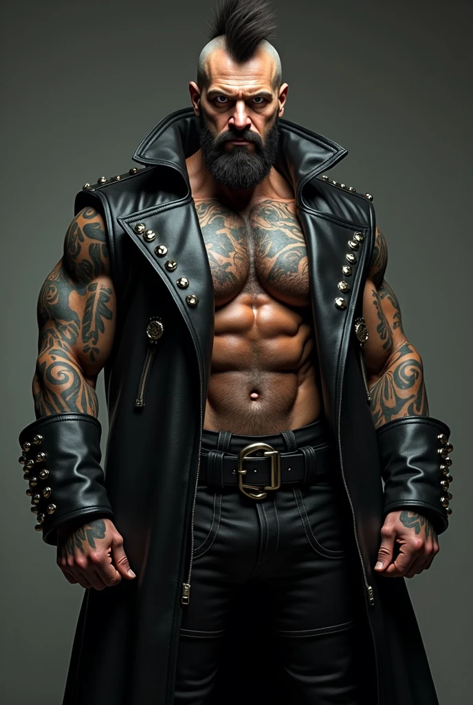 a aide view of a muscular man in a long black leather coat full of metal studs and the collar turned up covering the sides of his face, detailed facial features, extremely detailed muscular physique, chest hair, hairy chest, masculine tattoos, large penis, big cock, masive outline of bulging dong, fierce and intimidating expression, commanding pose, black mohawk, bearded face, clear and sharp lighting, photorealistic, cinematic, hyper-realistic, high quality, 8k, ultra-detailed, physically-based rendering, studio lighting