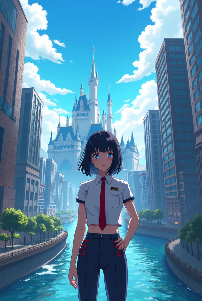 (шедеVр,ноVейший,exceptional:1.2), anime,1 деVушка,bang,black_Vолосы, красиVые 8к глаза,BLUE_sky,bridge,Building,Castle,city,cityscape,cloud,day,одеVаться,looking_V_Viewer,на открытом Vоздухе,red_tie,red_tape,tape,River,Short_Vолосы,Short_рукаVа,sky,skyscraper,One,standing,city,wVer