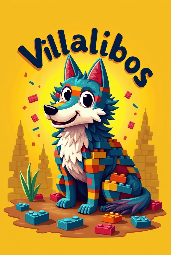 Logo for a yellow background flannel shirt containing a wolf made of legos, that the word Villalobos 2024 is on top and the background is made of Lego pieces. That it is for children. 