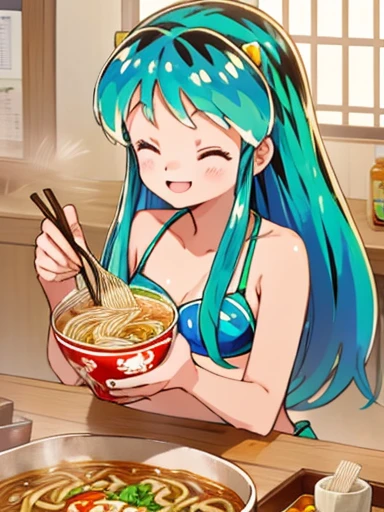 1girl,lum,lumlum, Miniature size girl in the ramen noodles, top quality, A girl soaking in ramen, very smile, Bikini Swimwear