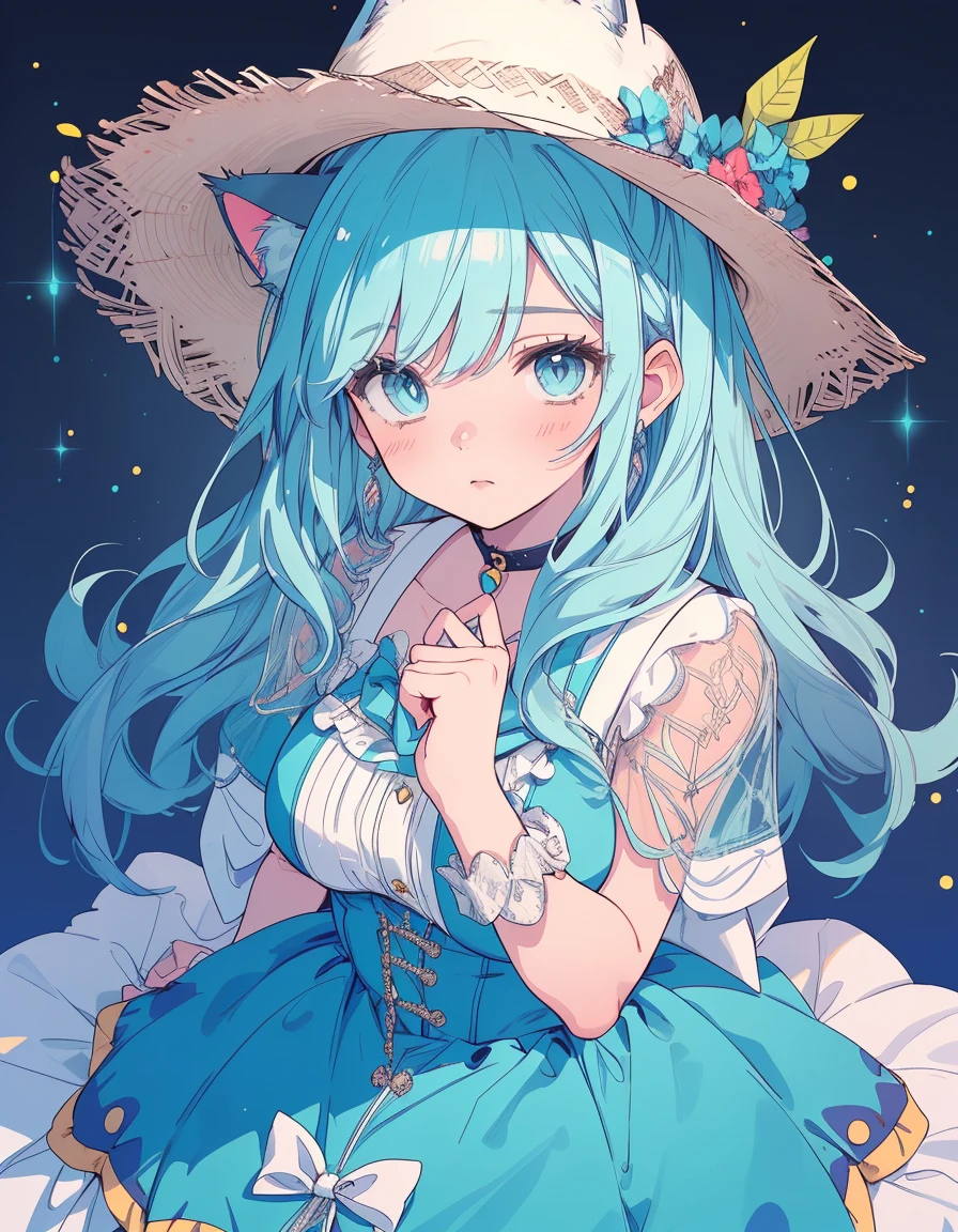 riding a horse, cowboy hat((masterpiece, best quality:1.5)), ((Beautiful detailed cat aqua eyes:1.2)), cat ears, pale skin, medium breasts, beautiful hands, beautiful fingers, EasyNegative