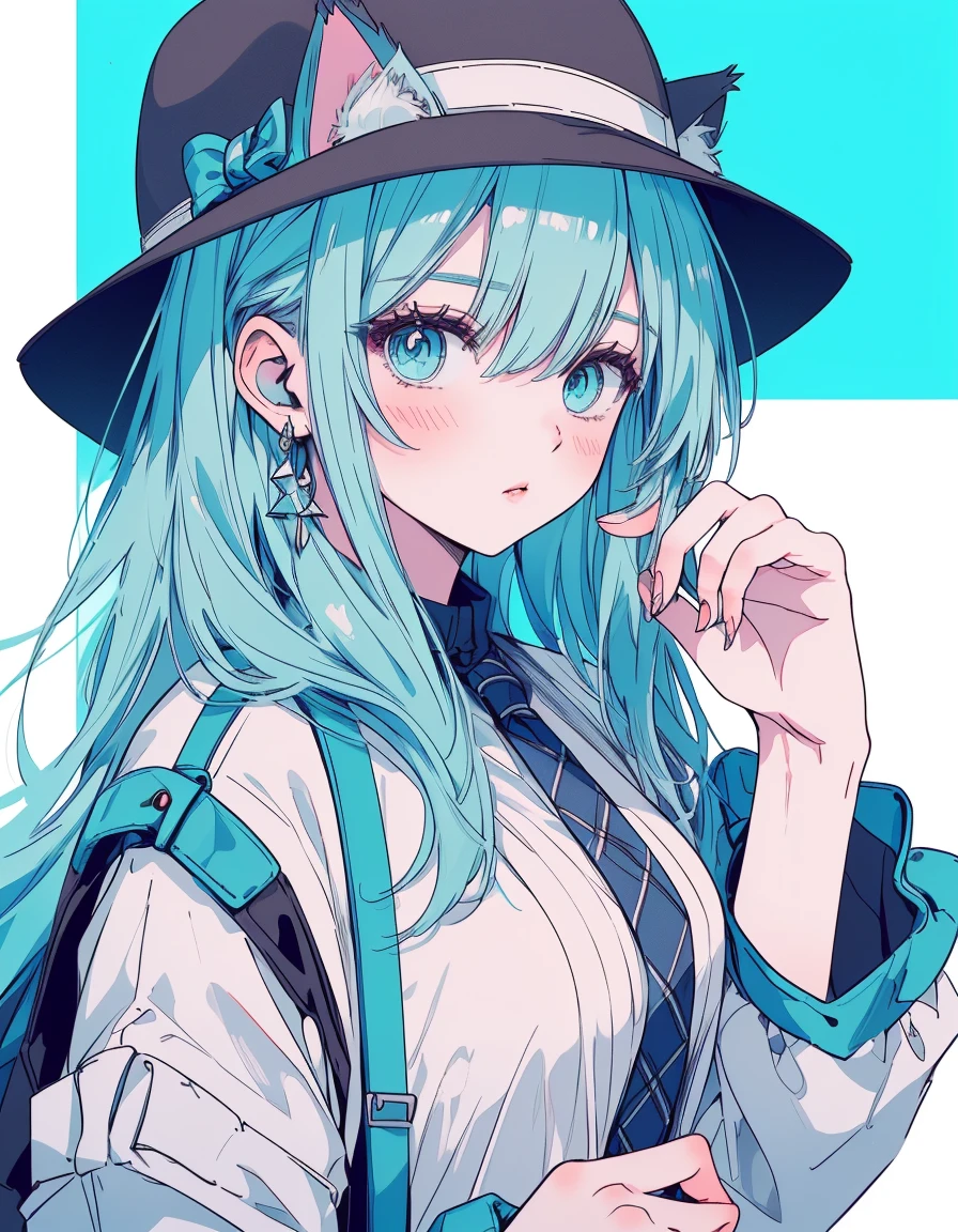 riding a horse, cowboy hat((masterpiece, best quality:1.5)), ((Beautiful detailed cat aqua eyes:1.2)), cat ears, pale skin, medium , beautiful hands, beautiful fingers, EasyNegative