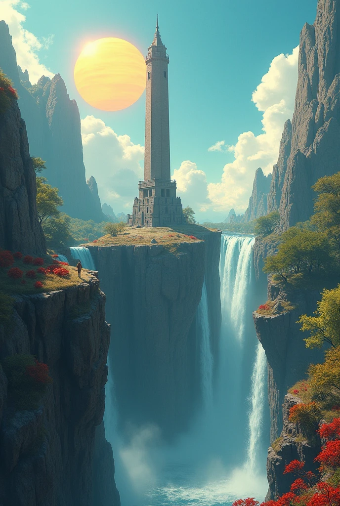 change the sun sideways, the tower must be unique, the viewer does not see the waterfall because he is on top of it, make the rock formation more irregular, with the left side larger, a small part above and the smaller right side, It&#39;s not a cave, you can still see the sky