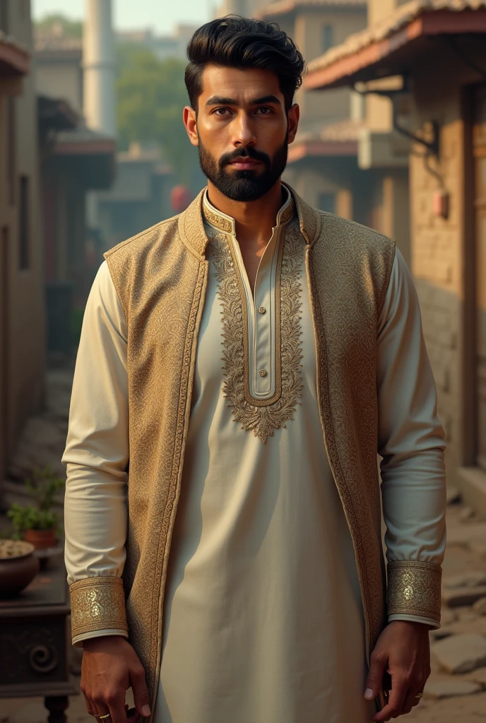 Manly person ,slim ,6 foot height with little beard and tanned skin in pakistani shlawar qameez and prince coat