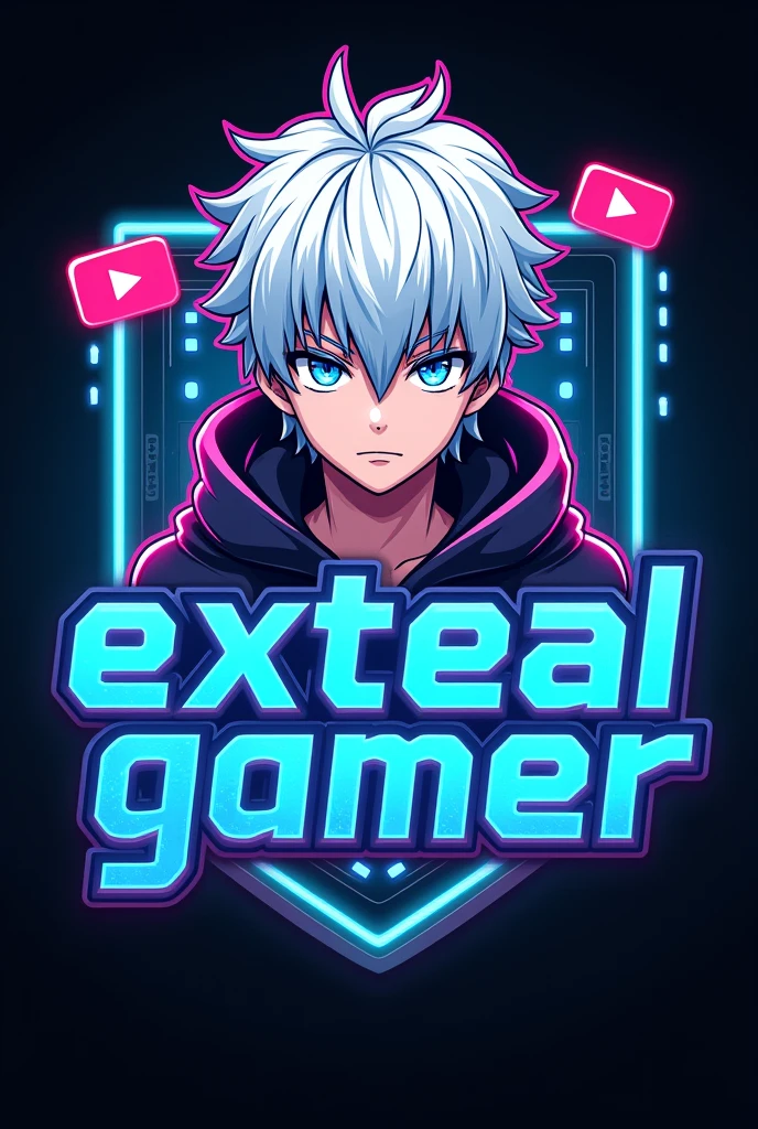 This is a gaming logo that features the name "EXTEAL GAMER" in a futuristic font and a neon blue color. and Boy Anime avtar GOJO SATURO , The logo also has a stylized controller icon and a YouTube play button in the background. The logo is designed to be attractive and eye-catching, and to appeal to gaming enthusiasts and You Tube viewers, I hope you like it.