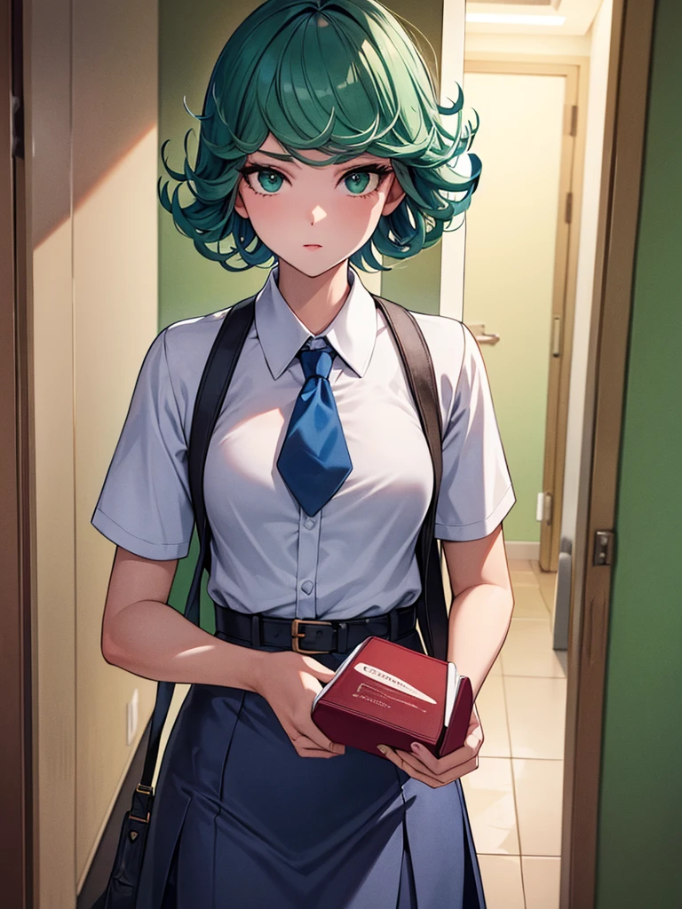 (high res, 8K, masterpiece, looking at viewer, best quality, very aesthetic, ultra detailed, ultra background, ultra Eyes) intricate details, 1girl, Tatsumaki, short sleeved white shirt, Light Blue Gray short skirt, Pockets on the left chest, Blue Gray tie, Wearing a belt, Holding a book, green short hair, green eyes, Normal Face, Background School Hallway, Cinematic Angle