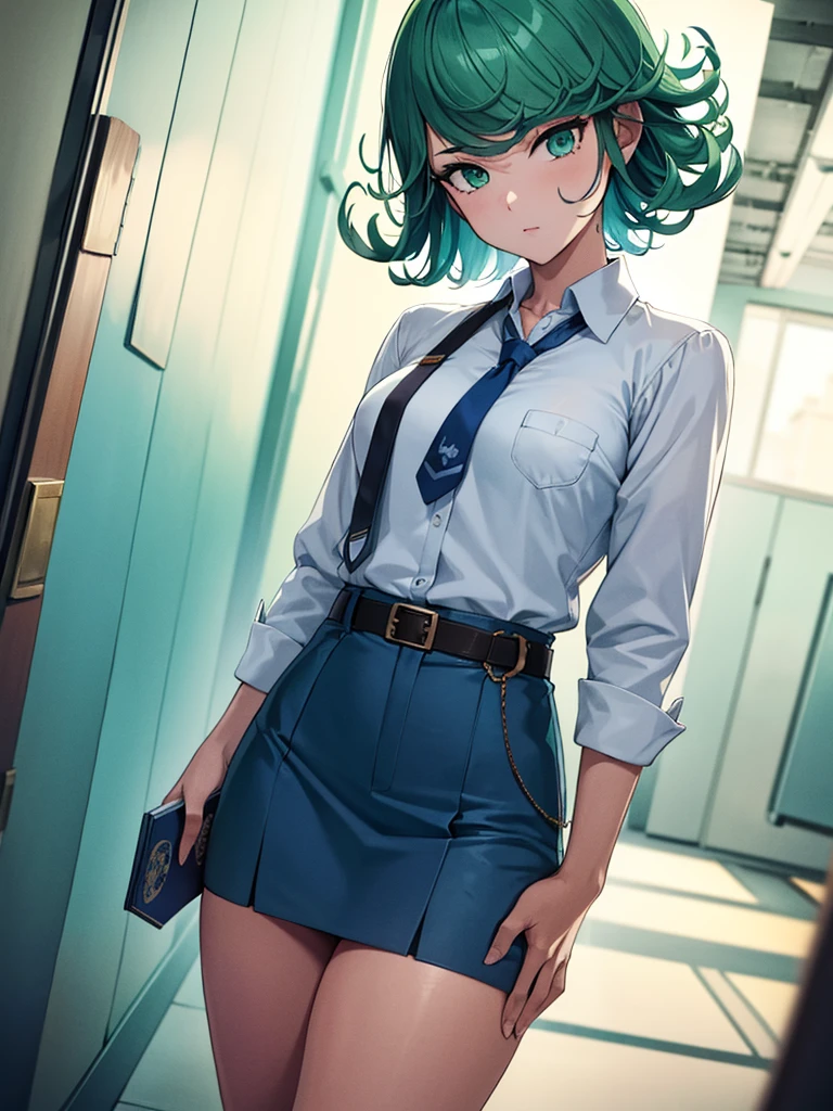 (high res, 8K, masterpiece, looking at viewer, best quality, very aesthetic, ultra detailed, ultra background, ultra Eyes) intricate details, 1girl, Tatsumaki, short sleeved white shirt, Light Blue Gray short skirt, Pockets on the left chest, Blue Gray tie, Wearing a belt, Holding a book, green short hair, green eyes, Normal Face, Background School Hallway, Cinematic Angle
