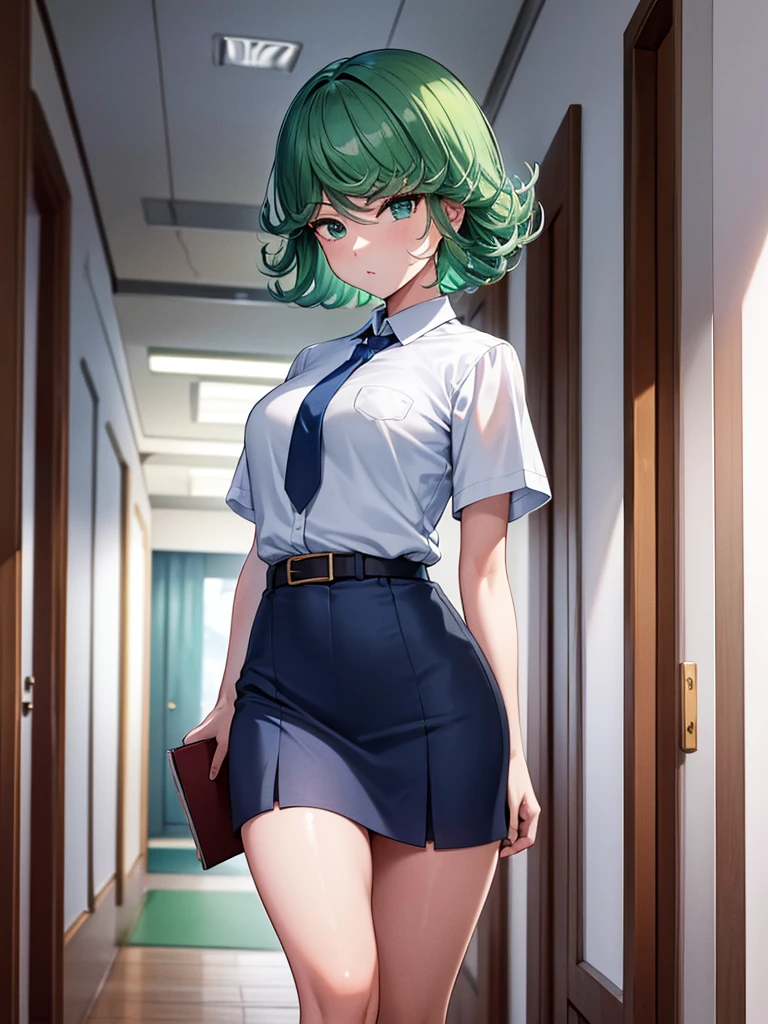 (high res, 8K, masterpiece, looking at viewer, best quality, very aesthetic, ultra detailed, ultra background, ultra Eyes) intricate details, 1girl, Tatsumaki, short sleeved white shirt, Light Blue Gray short skirt, Pockets on the left chest, Blue Gray tie, Wearing a belt, Holding a book, green short hair, green eyes, Normal Face, Background School Hallway, Cinematic Angle