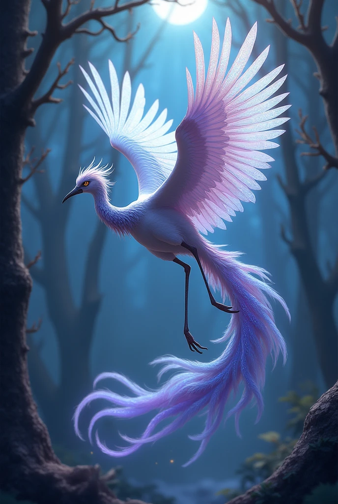 ((best quality)), ((masterpiece)), (detailed), Create a majestic mythical bird gliding through an enchanted forest. The bird should have long, elegant legs reminiscent of a crane or secretary bird, with an elongated neck. Its feathers are a shimmering blend of white, silver, purple, and blue, with an iridescent sheen that catches the moonlight. The bird's magnificent tail fans out like that of a paradise bird, with intricate patterns and vibrant colors that evoke both the night sky and twilight. It has large wings spread wide, with a soft, melodic rustling sound suggested by the surrounding forest. The bird's presence is ethereal, its long plumes and feathers trailing behind as it soars gracefully through a mystical, moonlit atmosphere.