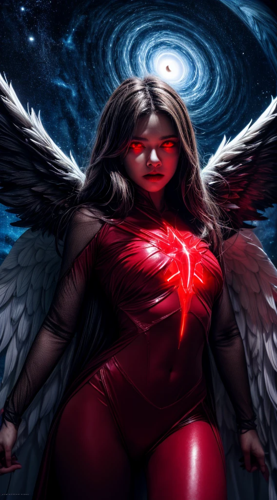 masterpiece, best quality, absurdres, 4k, 8k, uhd 
create fallen archangel,detailed angel wins, bloodlust, red glowy eyes, eerie, creepy, nightmarish, very bright colors, light particles, wallpaper art, cosmic energy,high detailed
 