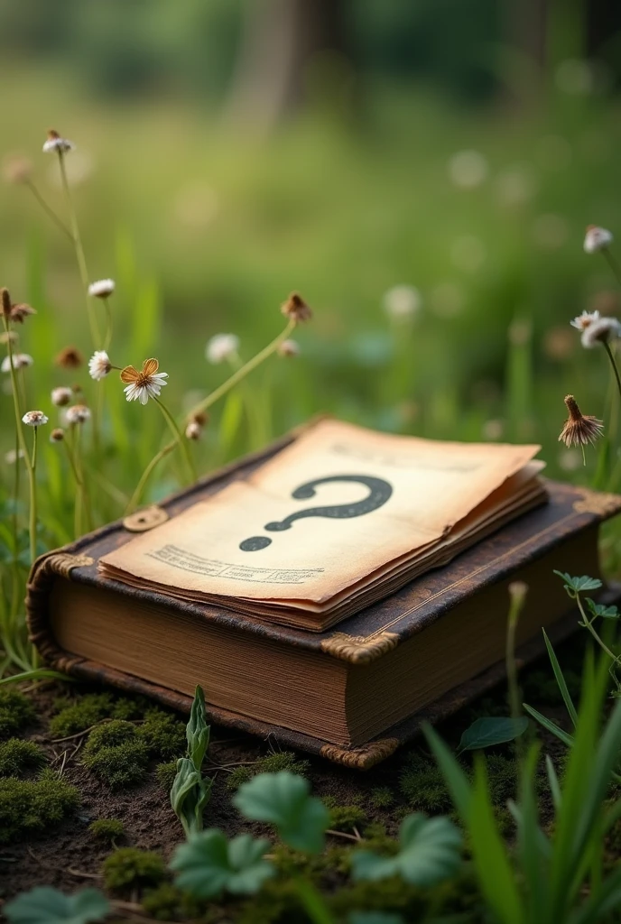 A photo for your tiktok profile, I want in the photo an old book with a question mark on the cover, the photo must be in a field of view that allows you to see the pages of the book