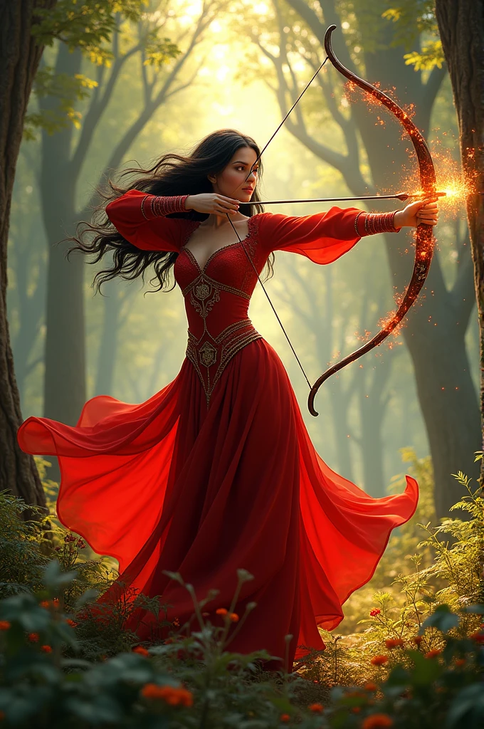 A sorceress archer with black wavy hair wearing a long red dress in a sunlit temperate forest conjuring a magical bow and arrows.
