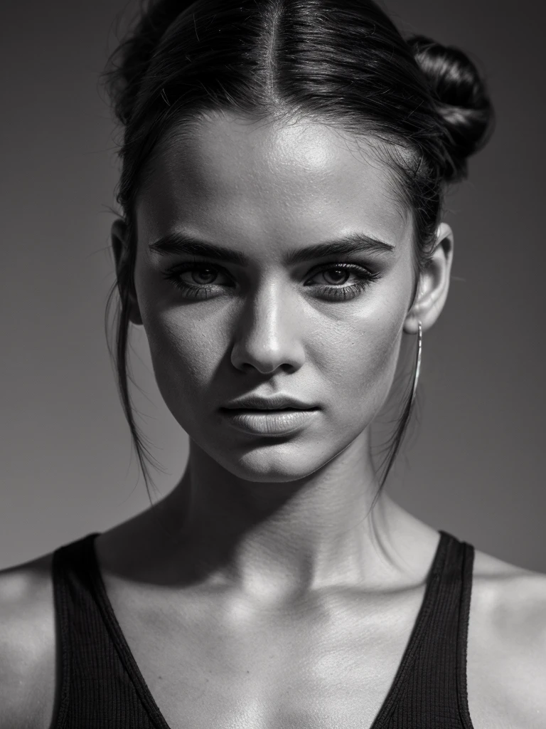campaign photo of fashion brand, monochrome film photo, captured women's face, simply monochrome background, hair bun, textured skin, closed mouth, sleeveless tops, cool and stylish expressions, hyperdetailed skin, hyperrealistic, 8k, UHD, artistic photography, mode, vogue, high fashions