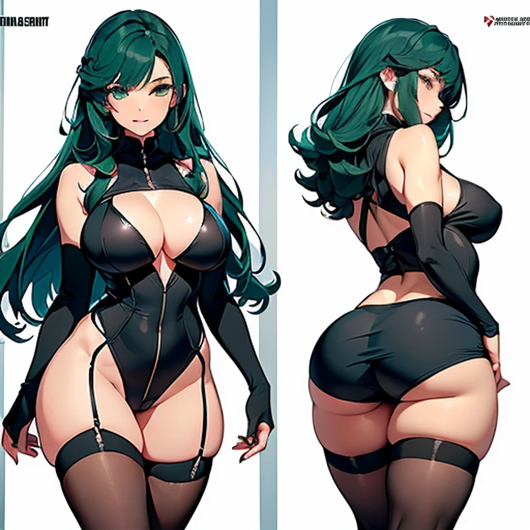 (Attractive young woman with a slim and well-structured body. Her white skin is soft and delicate, contrasting with her long green hair and expressive green eyes. Her breasts:1.5 are super mega hyper gigantic, with a rounded and firm shape, while her ass is big and round. She wears a sexy maid uniform, consisting of a sleeveless white jumpsuit that highlights her curves, with a super short and tight skirt in the front and back. The thin fabric of the uniform molds perfectly to your body, leaving little to the imagination. Her movements are elegant and graceful, full of sensuality. She exudes an aura of maturity and sexuality, capable of awakening the desire of anyone who observes her.)