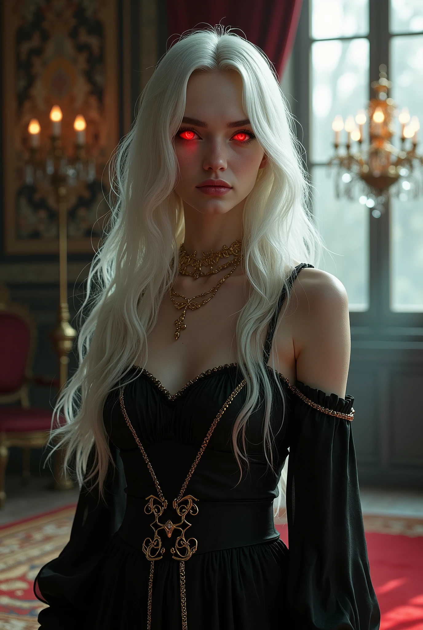 She is an 18 year old woman with silky white hair that cascades over her shoulders.. His eyes are a deep red, glowing with a faint supernatural glow, emanating an aura of mystery and power. Your beauty is undeniable, with delicate features that highlight its unique and mesmerizing appearance.clothing style:She wears a luxurious dress, made of fine fabrics that fall in soft folds around your body. The dress is predominantly black, with dark red accents that contrast elegantly with her pale skin. Golden embellishments adorn the dress, adding a touch of sophistication and refinement to your look.fund:She is inside an ancient palace, whose walls are decorated with intricate tapestries that tell stories of centuries past. Large windows allow moonlight to gently enter, creating a play of shadows that enhances your figure. Ao fundo, a crystal chandelier casts brilliant reflections, delicately illuminating the environment and highlighting its imposing presence.