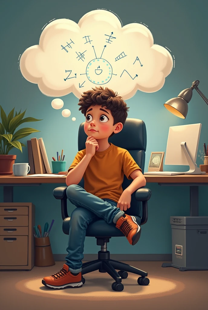 A young boy sitting on office chair and thinking something, a thinking bubble
