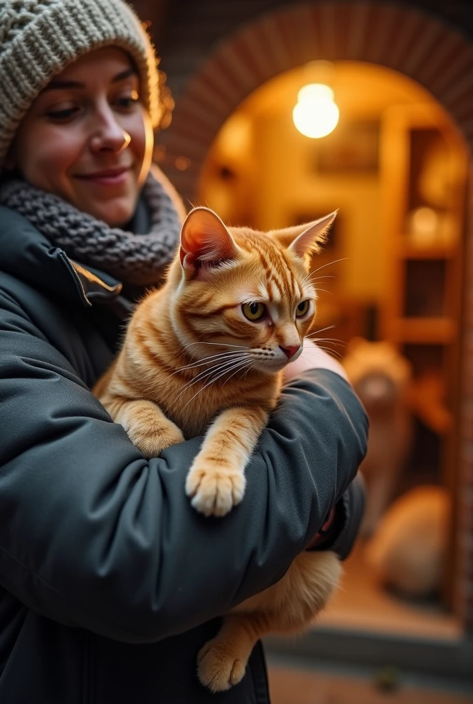 The cat being carried to a warm, cozy shelter by the kind stranger. The shelter is brightly lit and filled with other friendly animals. The cat is ginger in colour