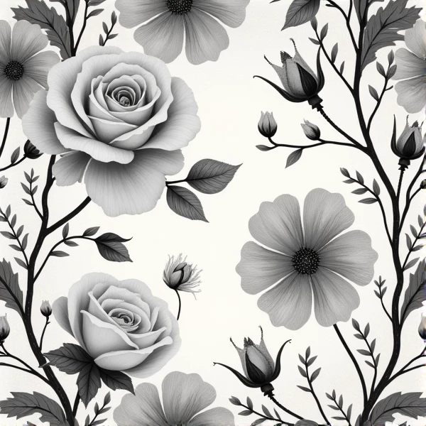 Create a seamless floral pattern with detailed botanical elements such as roses, leaves, and vines, using a vintage or watercolor style and only black and white color--tile-s750