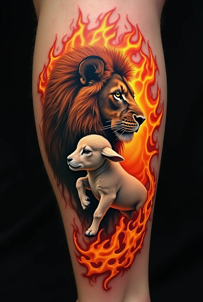 Tattoo of a lion and a lamb in flames
