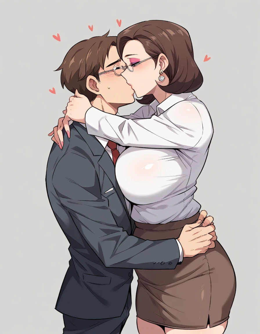 butcha, score_9, score_8_superior, score_7_superior, , , One person, Mature woman( business suit,suit jacket, white shirts, tight skirt, big tits , A MILF、aunty, , ,  eyeshadow, earring, wavy dark brown hair, glasses, , ,)、, , , , , NSFW,heart,,,1boy(penis, erection,nude,)hug,cowboy shot,kiss