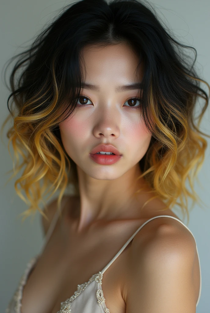 1, very white skin, slightly slanted eyes, beautiful smiling, curly black hair with blonde ends, corpo sexy, is wearing a short dress, face gently replenishing, Full-body image,
