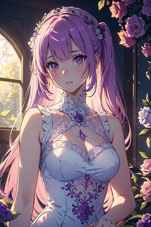 (masterpiece:1.2), Best Quality, (illustration:1.2), (ultra detailed), hyper details, (delicate detailed), (intricate details), (cinematic light, Best Quality Backlights), Delete line, soloist, perfect body, (1 girl), stylized artwork, purple and pink theme, girl, Purple long hair, white empty eyes, pink top, pink roses, see through skeleton overlay, foliage, leaves, Watercolor splash, (make up), high contrast, (better lighting, an extremely created and beautiful), (cinematic light), showy,