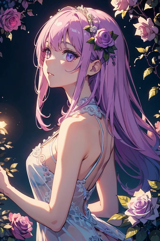 (masterpiece:1.2), Best Quality, (illustration:1.2), (ultra detailed), hyper details, (delicate detailed), (intricate details), (cinematic light, Best Quality Backlights), Delete line, soloist, perfect body, (1 girl), stylized artwork, purple and pink theme, girl, Purple long hair, white empty eyes, pink top, pink roses, see through skeleton overlay, foliage, leaves, Watercolor splash, (make up), high contrast, (better lighting, an extremely created and beautiful), (cinematic light), showy,