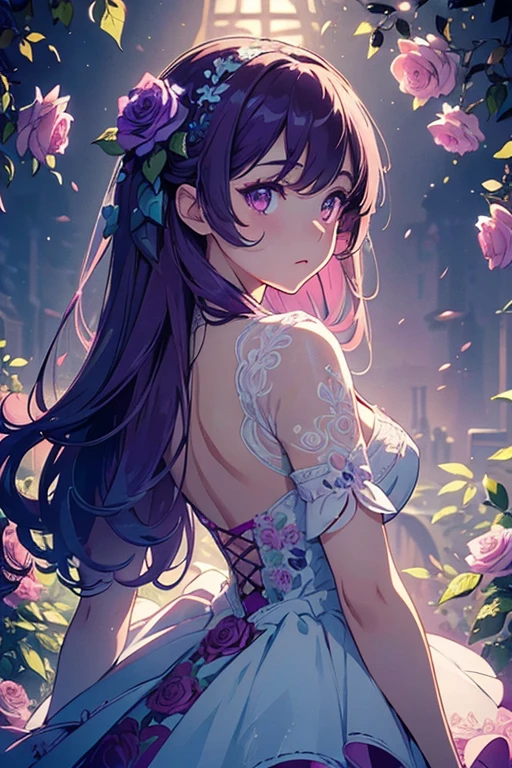 (masterpiece:1.2), Best Quality, (illustration:1.2), (ultra detailed), hyper details, (delicate detailed), (intricate details), (cinematic light, Best Quality Backlights), Delete line, soloist, perfect body, (1 girl), stylized artwork, purple and pink theme, girl, Purple long hair, white empty eyes, pink top, pink roses, see through skeleton overlay, foliage, leaves, Watercolor splash, (make up), high contrast, (better lighting, an extremely created and beautiful), (cinematic light), showy,