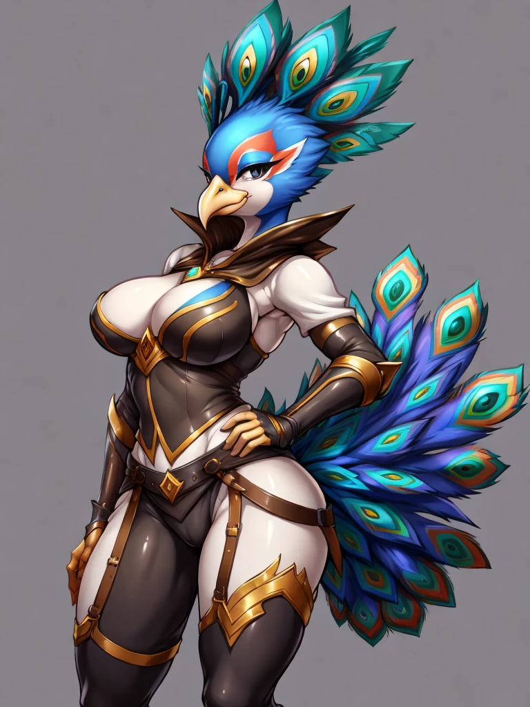 ((peacock)), furry female anthro,bird woman,HD,sharp,beautiful and detailed,woman ((anthro)),1girl,young girl,blue skin,(look at viewer) ,bird girl,beak,long beak,by dr comet,by pochincoff, by jlullaby,by kingbang,by obui,by ZeroQrisu,by sparrow,by gmeen,seduce smile,((thief outfit)),athlete,((simple background)),(gray background,)
