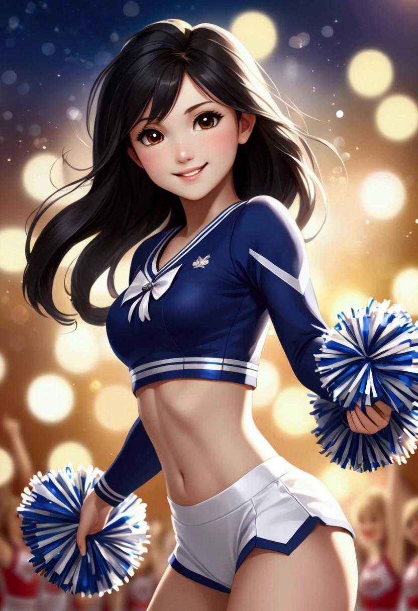 Cheerleader,A small smile,cheer leading,Cheerleader uniform, (((masterpiece))), (((Highest quality))), ((Very detailed)), (figure), ((Very delicate and beautiful)),(Bokeh,Blurred Background),(Best Shadow), One person,White panties, Black Hair, Long Hair, cute,cute,change, Shining highlight spots around the eyes, Character Focus,Tilt your head,