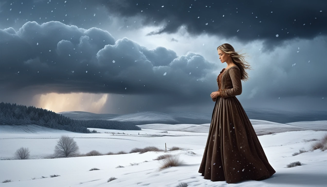 Create a dramatic snowy landscape under a dark, stormy sky. The scene should feature a swirling snowstorm, with large snowflakes creating a mystical atmosphere. In the foreground, depict a young woman with a blend of sweetness and menace in her expression. She is dressed in a traditional, slightly tattered gypsy dress that flutters in the wind. To the side, include an older man in worn clothing, looking reflective and melancholic, as if lost in thought about the past. The snowflakes should have a slight glimmer to add a magical touch. Integrate faint, ghostly images of a violin or musical notes in the snowstorm to hint at the 'gypsy violin' theme. Use contrast between dark, muted colors for the background and the older man, and brighter colors for the young woman to emphasize the emotional tension.