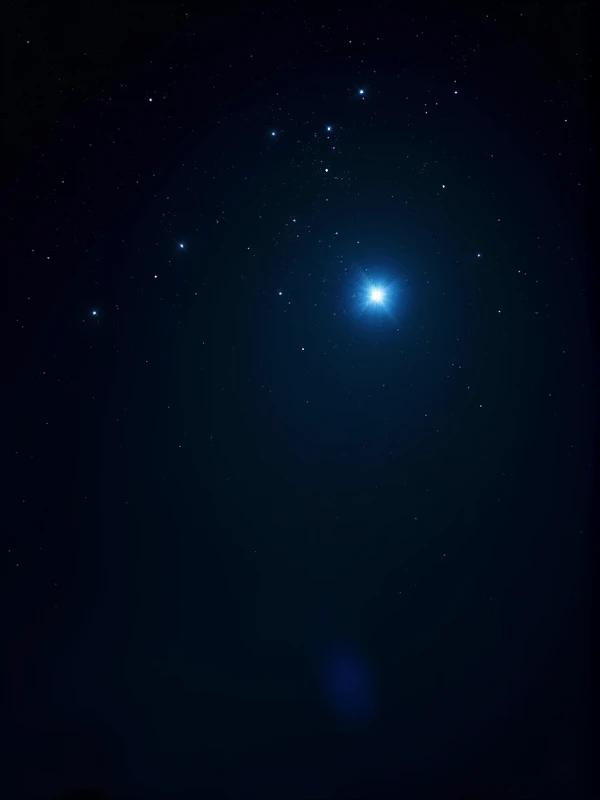 
1. **Main Object**: In the top left corner of the image, there is a cluster of stars, which is likely the Pleiades or "Seven Sisters" star cluster. This cluster is well-known and easily recognizable due to its unique arrangement, with several bright stars closely grouped together in one area.

2. **Color**: The stars in this cluster are very bright and have a striking bluish hue, standing out against the dark night sky. This bluish color usually indicates that the stars are young and very hot.

3. **Single Star**: In the bottom right of the image, there is a single bright star, isolated from the cluster. This star also has a bluish tint but appears slightly larger and more solitary compared to the other stars in the surrounding area.

4. **Background**: The background is dominated by a deep black color, representing the dark night sky. There are also smaller, fainter stars scattered across the image, contributing to the overall starry backdrop.

5. **Image Quality**: The image appears to be well-exposed, making the stars stand out clearly and brightly. However, there is a slight visual disturbance in the bottom right part of the image, possibly a faint streak or haze, which might be due to lens flare or light from an unintended source.

6. **Overall Impression**: The image gives a sense of a calm and clear night sky, with a focus on the beautiful Pleiades star cluster and a single bright star on the right. It reflects the vastness and mystery of the universe.

