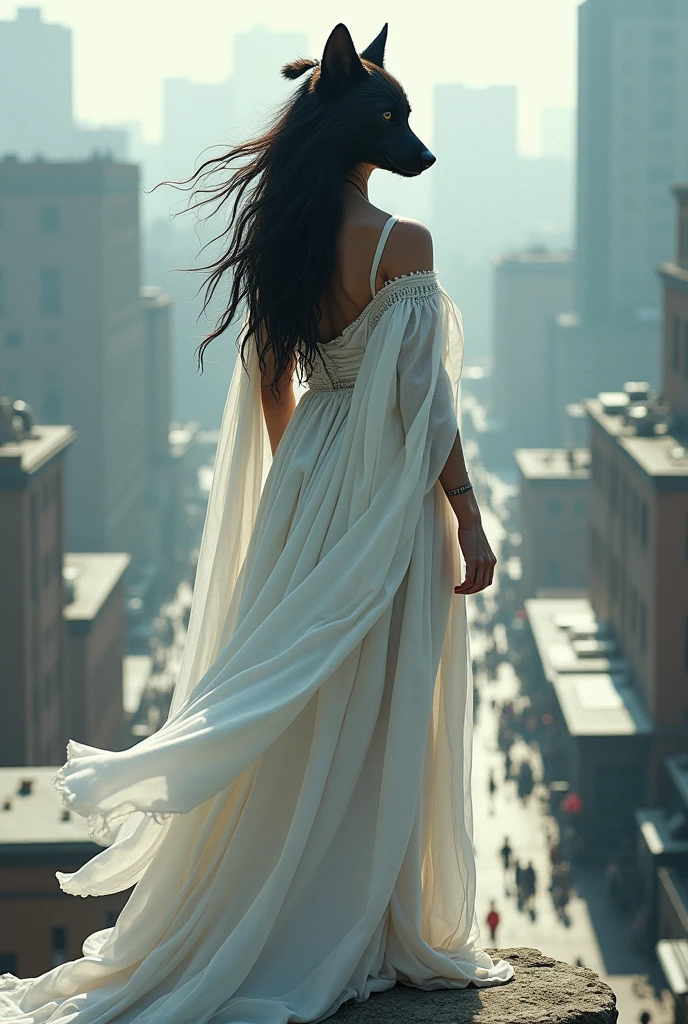 Black wolf woman in white native dress, Hair tied up and rebellious layers. She is on top of the building watching the movement. .
