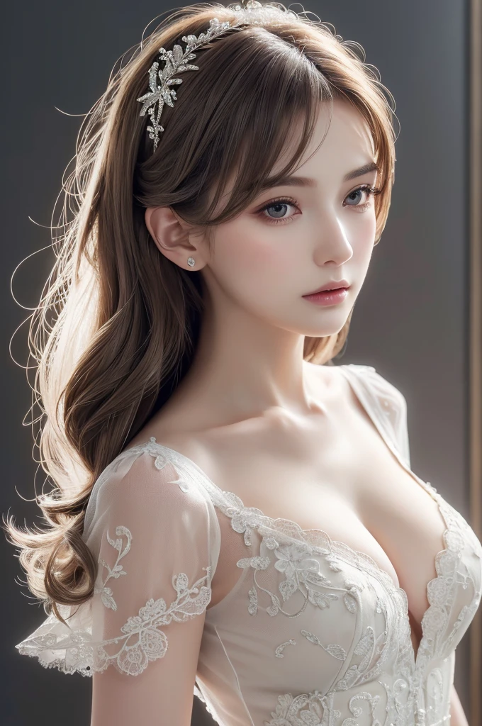 t-shirt, Large Breasts, (((Very elegant and beautiful, Perfect detail, Very detailed))), whole body, Most detailed, Written boundary depth, 美しく詳細なwhole body, Thin legs, 30 years old, Gray and silver hair, Beautiful detailed hair, Perfect Face, Expressionless, Beautiful, detailed, deep eyes, Pale skin, Very delicate and beautiful, masterpiece, (((Highest quality, Very beautiful 8K CG wallpaper))), (((Trendy hairstyles))),