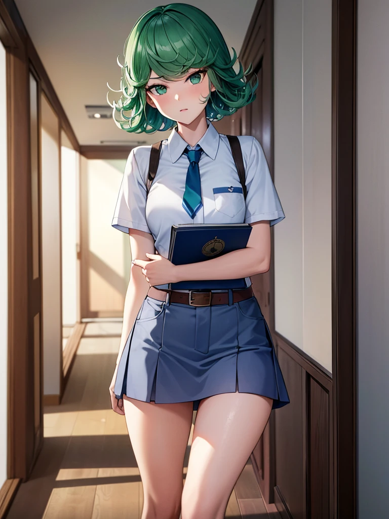 (high res, 8K, masterpiece, looking at viewer, best quality, very aesthetic, ultra detailed, ultra background, ultra Eyes) intricate details, 1girl, Tatsumaki, short sleeved white shirt, Light Blue Gray short skirt, Pockets on the left chest, Blue Gray tie, Wearing a belt, Holding a book, green short hair, green eyes, Normal Face, Background School Hallway, Cinematic Angle