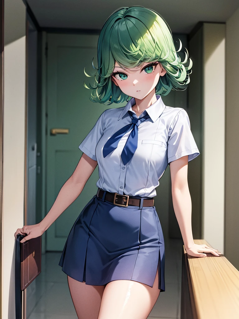 (high res, 8K, masterpiece, looking at viewer, best quality, very aesthetic, ultra detailed, ultra background, ultra Eyes) intricate details, 1girl, Tatsumaki, short sleeved white shirt, Light Blue Gray short skirt, Pockets on the left chest, Blue Gray tie, Wearing a belt, Holding a book, green short hair, green eyes, Normal Face, Background School Hallway, Cinematic Angle