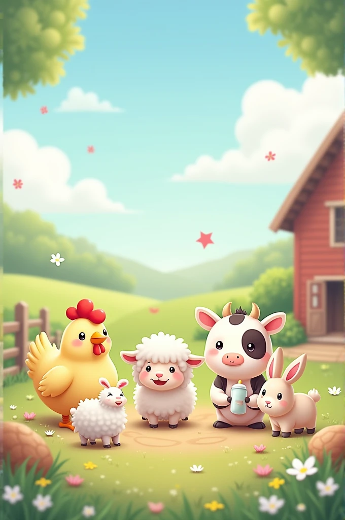 Image kawaii d'une poule , moutons , vache , lapin avec des biberons