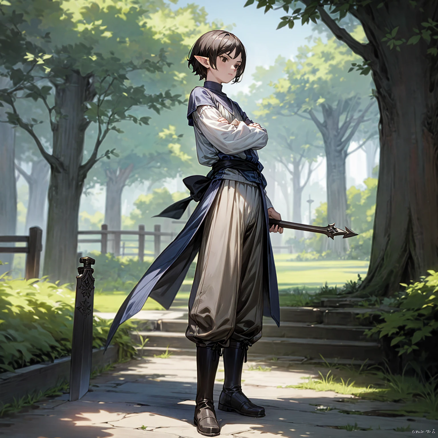 Solo character, full body version, young man, (elf), black eyes, black color hair, short hair, casual clothing, white color clothing, brown pants, boots, outdoor, park village, medieval, standing gesture, detailed background, detailed clothing, detailed hair, (one piece style art), Sword in hand, muscle 