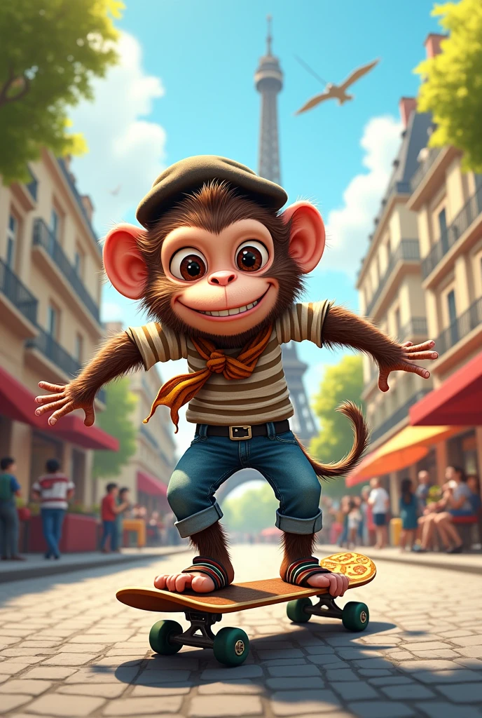 a french monkey on a skateboard