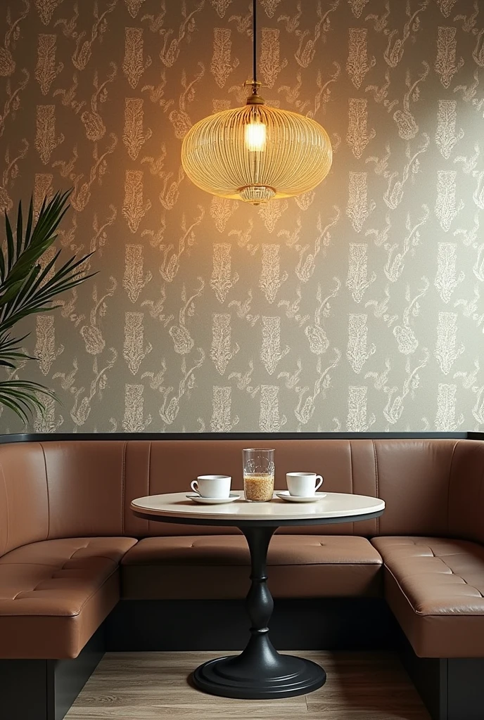 Wall with vintage style wallpaper on coffee shop table